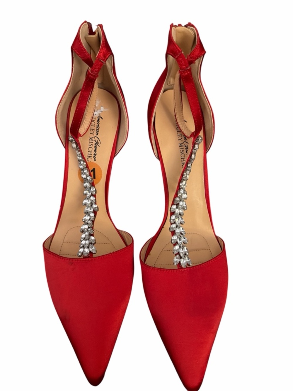 Badgley Mischka Satin T-Strap Pointed Toe Heels with Crystal Accent